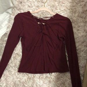 Burgundy ribbed longsleeve cross up shirt